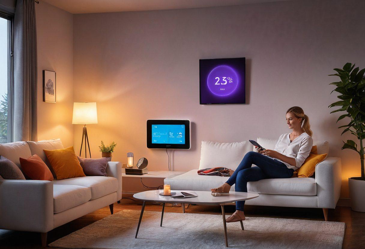 A cozy living room filled with smart devices: a sleek thermostat, smart lighting, and a digital assistant glowing gently. Show a person relaxing on a comfortable sofa, with a cheerful ambiance created by colorful lights and an interactive screen displaying personalized suggestions for entertainment. Include elements that evoke comfort and technology harmoniously blended. modern interior design. vibrant colors. super-realistic.