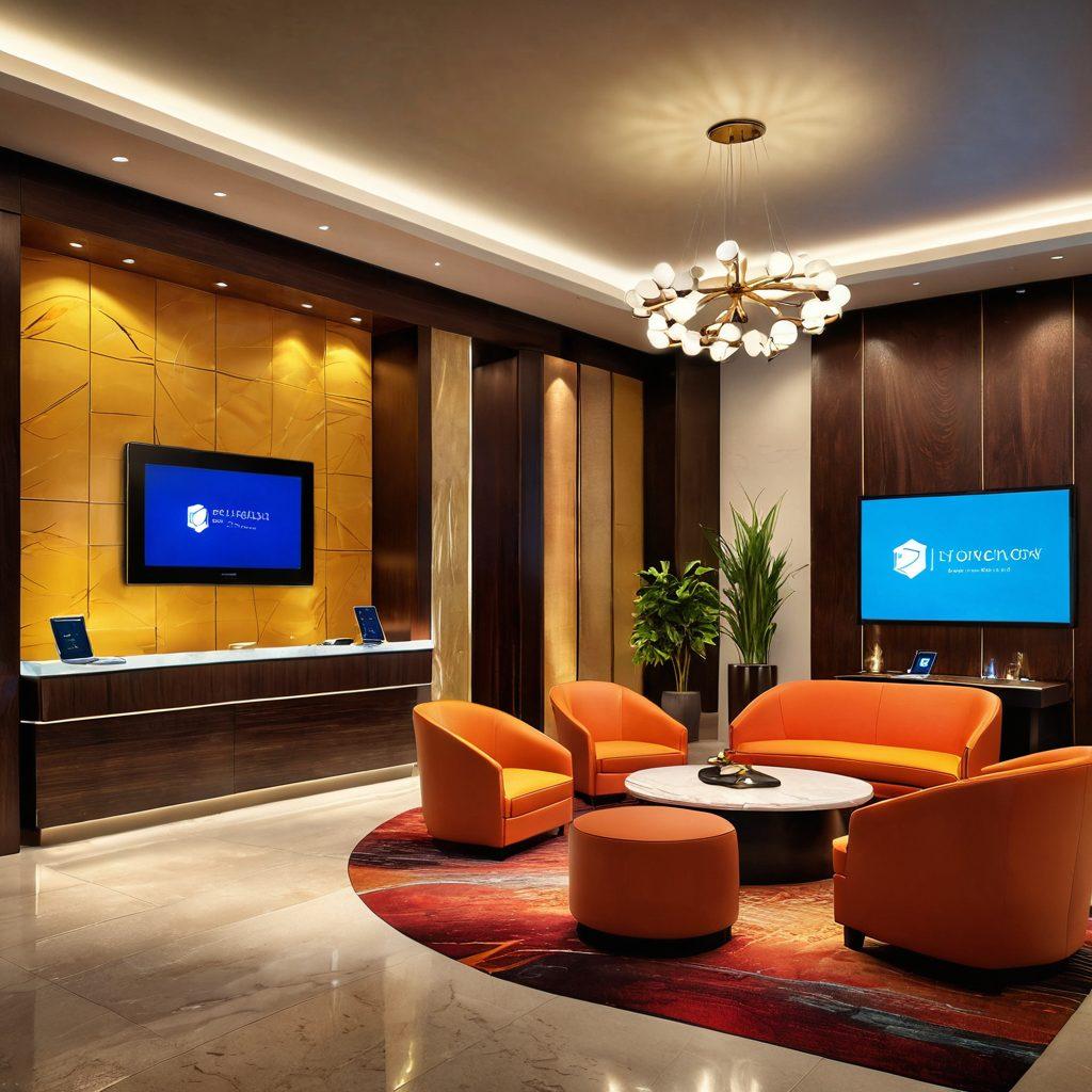 A luxurious hotel lobby featuring modern amenities, with sleek design and warm lighting. Guests enjoying digital check-in on sleek tablets, while a digital concierge provides assistance on a large touchscreen. A cozy lounge area with stylish furniture, showcasing the joy of contemporary hospitality. Bright, colorful decor elements to evoke a sense of excitement and warmth. super-realistic. vibrant colors. 3D.